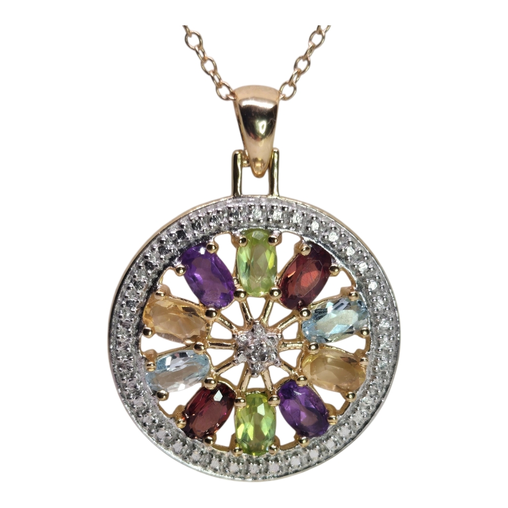 925 Vermeil Multicolor Gemstone W/ Diamond Center Stone Circle Pendant Necklace